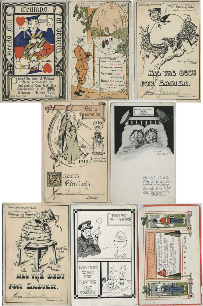 Item #23340 Postcards from a W.W.I Prisoner of War. WWI, Cecil A Took, R. N D., K. O. Scottish E. Bell, R. N. A. Sharp Loc. 5 Mn, R. N V. R CAT.