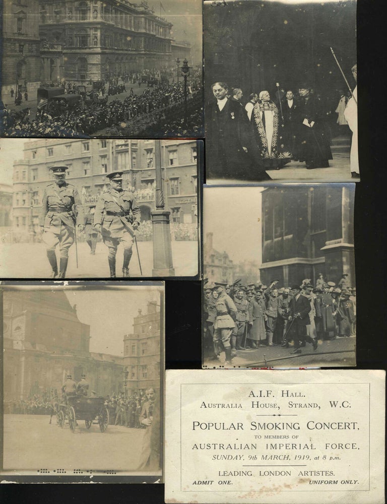 Item #23344 A group of five real photographs of a parade in London celebrating the end of W.W.I and an invitation to "Popular Smoking concert, to members of Australian Imperial Force, Sunday 9th March, 1919..." W W. I, Australian Imperial Force.