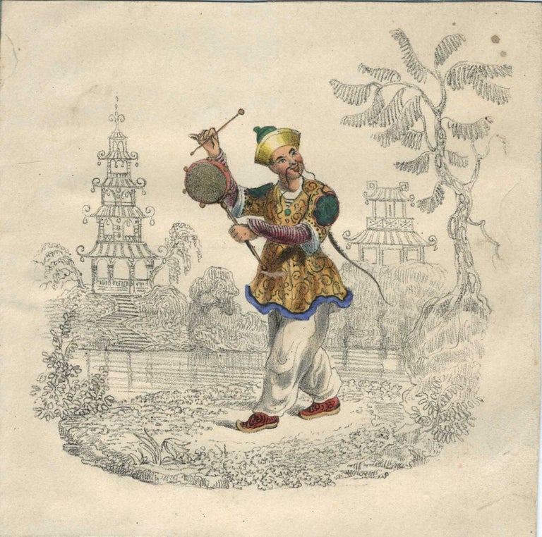 Item #23376 Playful color lithograph of Chinese man with drum.
