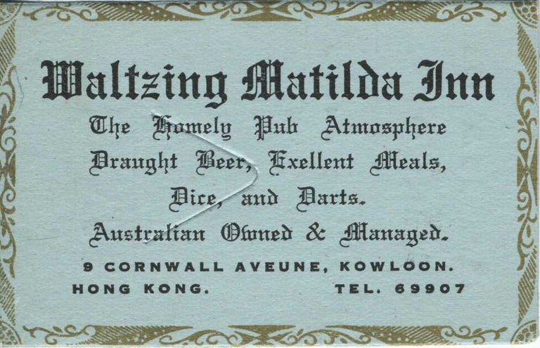 Item #23378 Waltzing Matilda Inn advertising trade card. Hong Kong, Trade Card.