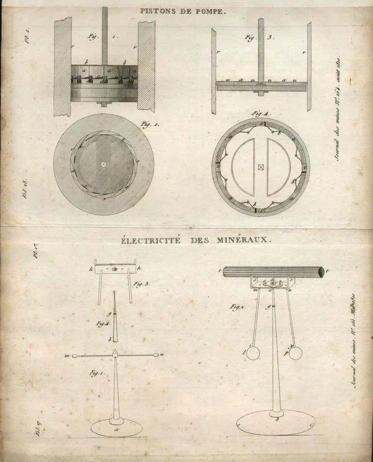 Item #23413 3 Engravings: Crystals and mining machinery. French Journal des Mines.