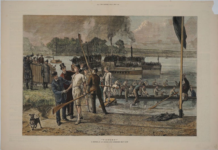 Item #23482 "Victory". A Sketch at an Oxford and Cambridge Boat Race. Wood block engraving from The Graphic. Sydney P. Hall.