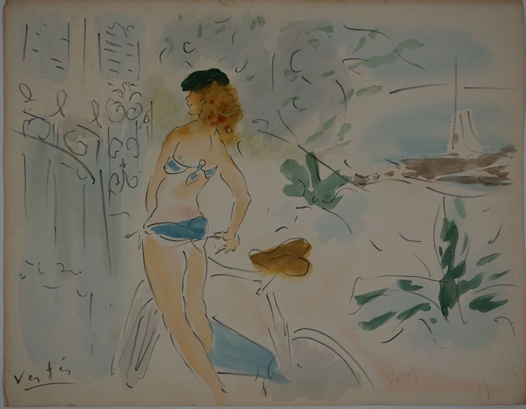 Item #23486 Woman in bikini with bicycle. Chromolithograph. Marcel Vertes.