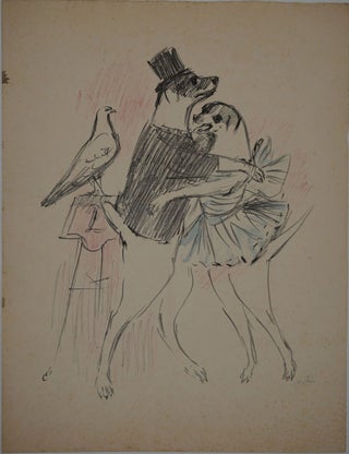 Item #23497 [Two dogs dressed in top hat and dress dancing, with a pigeon watching them] ...