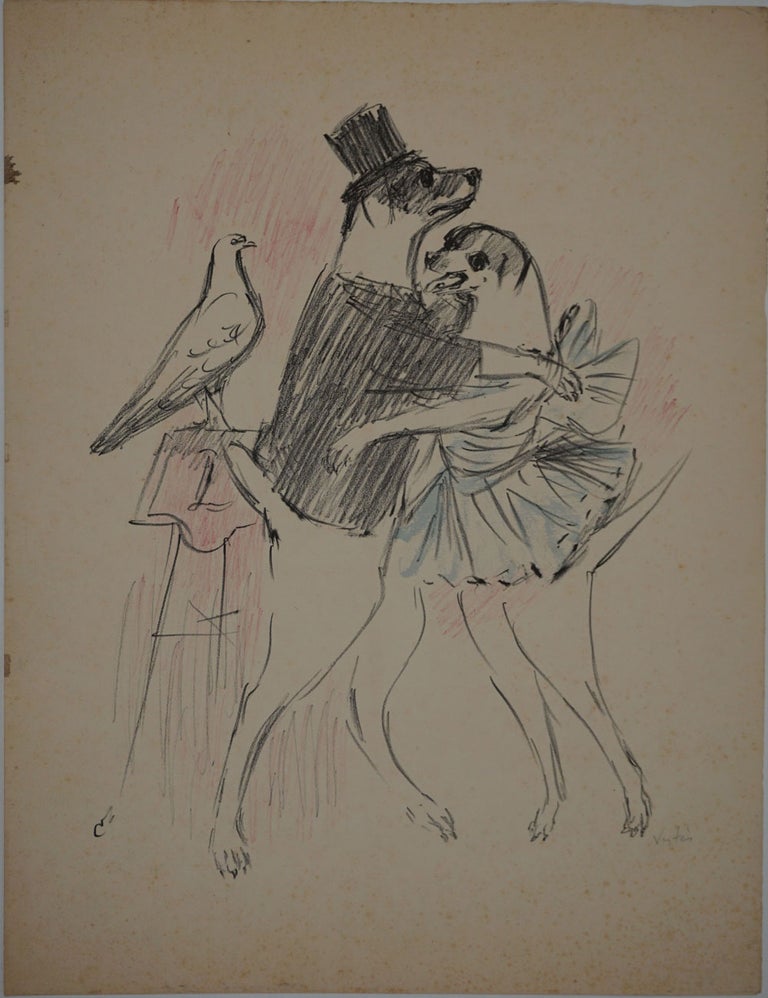 Item #23497 [Two dogs dressed in top hat and dress dancing, with a pigeon watching them] Lithograph with colored pencil and gouache, signed in pencil. Marcel Vertes.