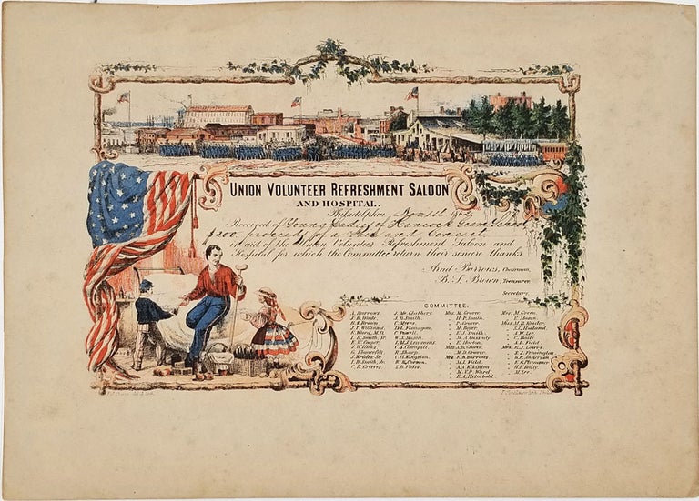 Item #23503 Color lithograph certificate of donation to Union Volunteer Refreshment Saloon and Hospital. Civil War, James Fuller Queen.