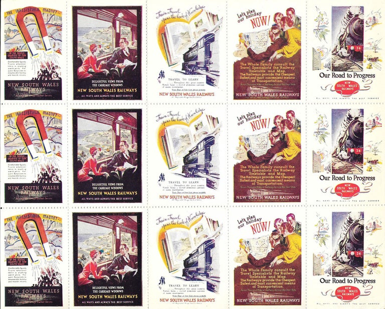 Item #23535 Full sheet of 15 poster stamps promoting the New South Wales Railways. New South Wales.