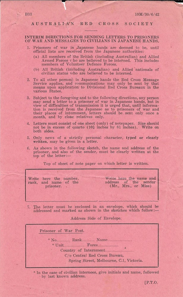Item #23536 Australian Red Cross Society circular entitled: Interim Directions for Sending Letters to Prisoners of War and Messages to Civilians in Japanese Hands. Red Cross Australia, Japan, WWII.