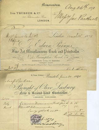Item #23558 Bookseller invoices from London and Bristol, with franked envelopes. Bookselling
