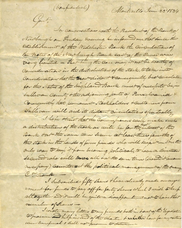 Item #23559 Letter regarding the Highland Bank of Newburgh, NY. NY Newburgh, Banking.