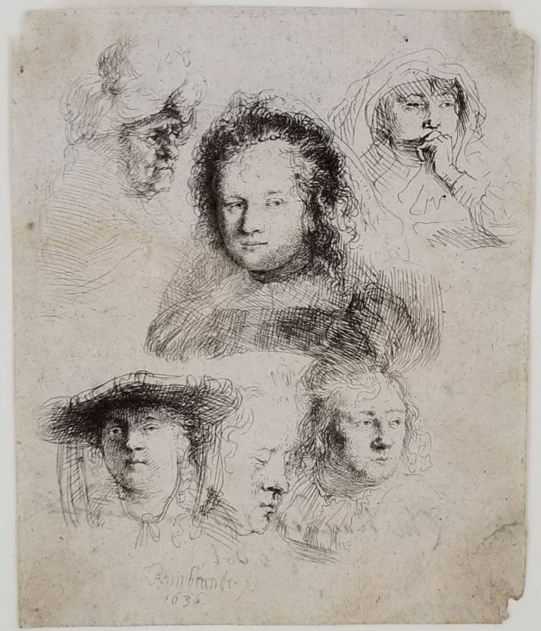 Item #23646 [Studies of the Heads of Saskia and Others] signed on the verso by the Parisian print seller Naudet, dated 1801. Leiden Dutch, Amsterdam, Rembrandt van Rijn.
