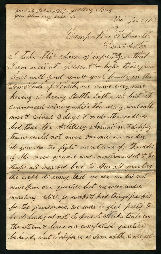 Item #23664 Letter from Corp. Joshua K. Butler dated Jan. 27, 1863 Falmouth, VA to his Sister, right after the Mud March. Civil War, Harper's Ferry.