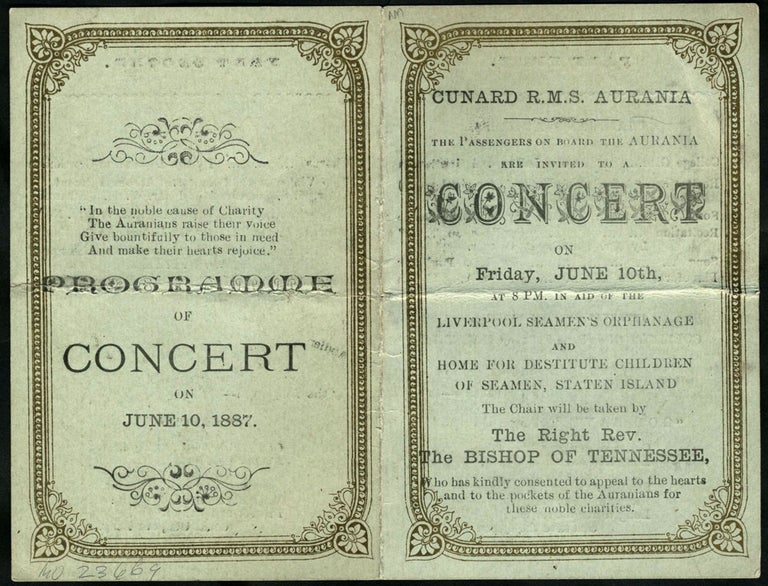 Item #23669 Cunard RMS Aurania ... Programme of Concert. Ships, Staten Island NY.