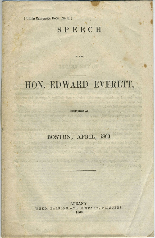 Item #23690 Speech of the Hon. Edward Everett, Delivered at Boston, April, 1863. Civil War, Boston.