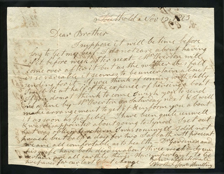 Item #23700 Jonathan Huntting Southold, Long Island to his brother. Manuscript letter. NY Long Island, Jonathan Huntting, Jeremiah Huntting.