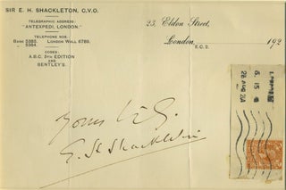 Item #23727 Autograph of Ernest Shackleton, on his letterhead paper, with franked stamp....