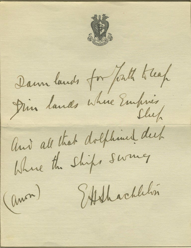 Item #23729 Autograph of Ernest Shackleton, with a poem in his hand. Antarctic, Autograph.