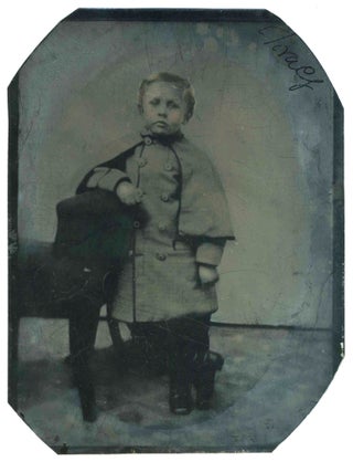 Item #23869 Civil War Full plate Tintype: Young boy in Confederate Greatcoat. Photography