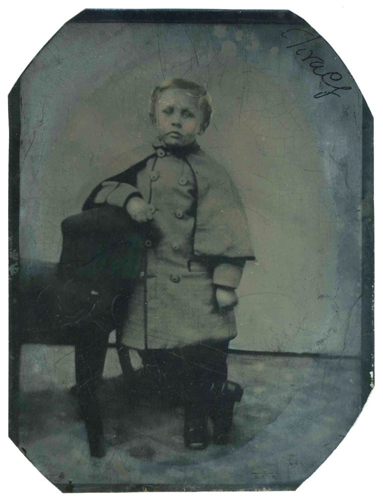 Item #23869 Civil War Full plate Tintype: Young boy in Confederate Greatcoat. Photography.