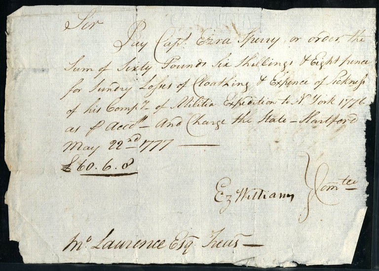 Item #23872 Autograph Revolutionary War Pay Order, signed by Capt. Ezra Speary, Ez. Williams and Jno. Lawrence, Esq. Treas. Revolutionary War.