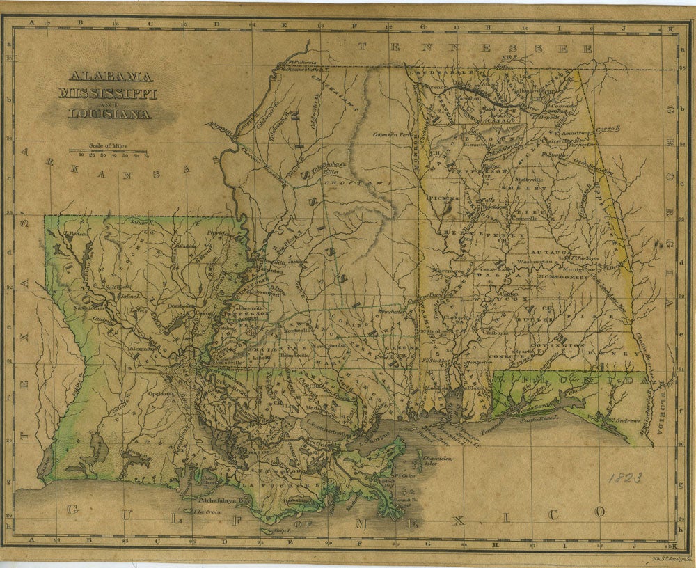 A Map of Alabama, Mississippi and Louisiana from An Atlas of the United  States, on an Improved Plan; with a complete index