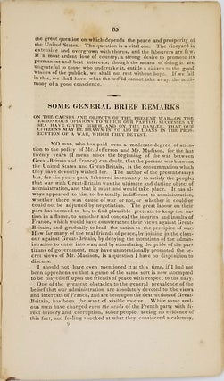 Perpetual war, the policy of Mr. Madison. Being a candid examination of his late message to Congress, so far as respects the following topicks ... viz. The pretended negotiations for peace, the important and interesting subject of a conscript militia, and the establishment of an immense standing army of guards and spies, under the name of a local volunteer force.