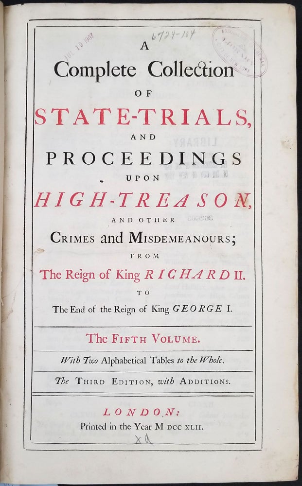 Item #23981 A complete collection of state-trials, and proceedings upon high-treason, and other Crimes and Misdemeanours; from the reign of King Richard II. To The End of the Reign of King George I. The Fifth Volume only. Pirate trials of Capt.s Kidd, Kirkby & Green. Capt. William Kidd, Captain Richard Kirkby, Captain Thomas Green.