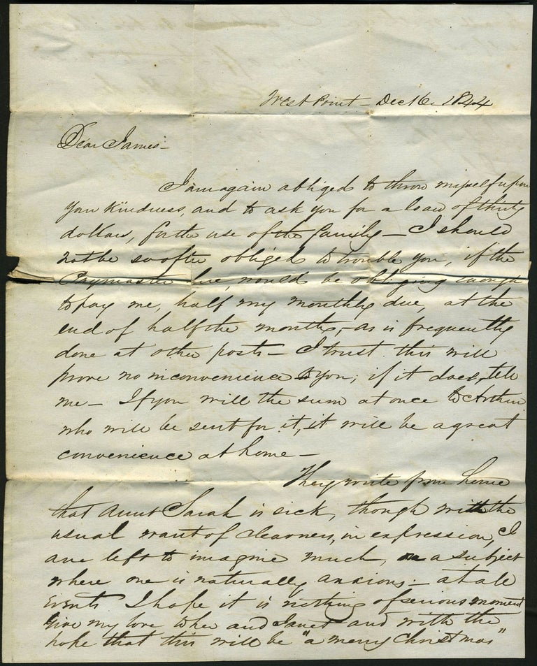 Item #23998 1844 Letter Written from West Point asking for a Loan because the Paymaster was Behind in Remittance. West Point, Cadet J. A. Hardie, Jas. Thomson.