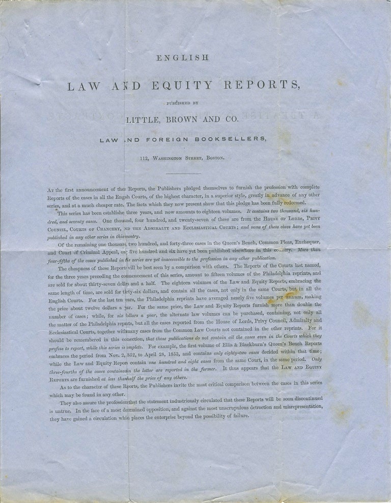 Item #24027 English Law and Equity Reports, published by Little, Brown and Co. Advertising letter sheet. Brown and Co Little.