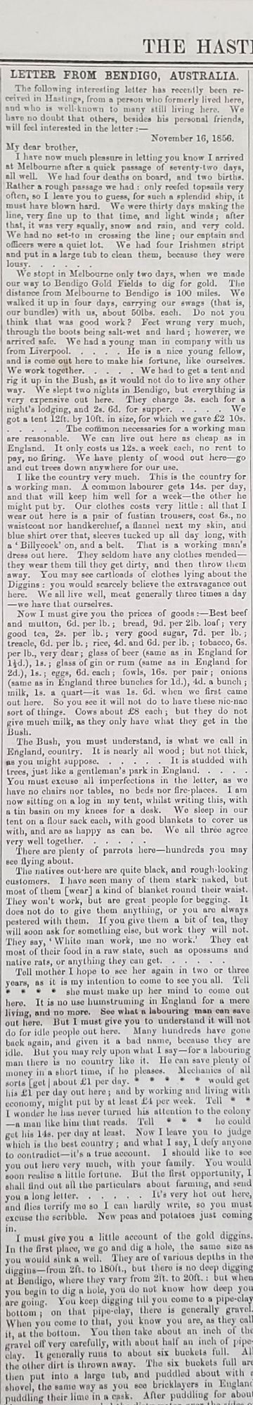 Letter from Bendigo, Australia , printed in The Hastings and St ...