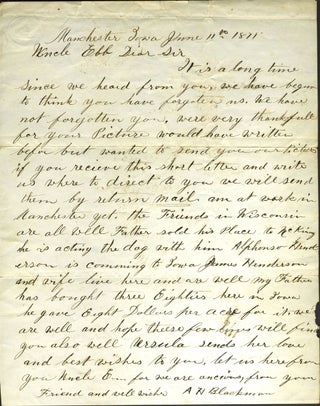 Item #24239 1871 letter from Manchester, Iowa Quaker, giving land prices for farm land. Iowa Land...