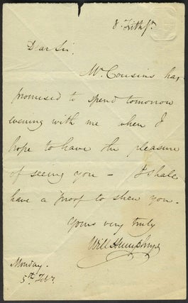 Item #24242 Autograph letter from Humphrys to an unknown person, mentioning (Samuel) Cousins,...
