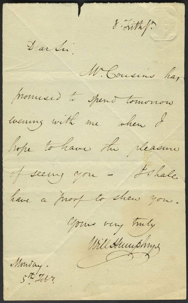 Item #24242 Autograph letter from Humphrys to an unknown person, mentioning (Samuel) Cousins, prominent engraver. William Humphrys.