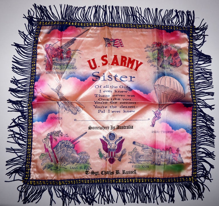 Item #24341 W.W.II US Army silk keepsake pillow cover, "Somewhere in Australia" W. W. II, US Army, T. Sgt. Charles B. Russell.