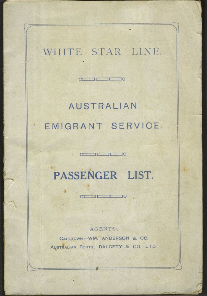 Item #24347 White Star Line. Australian Emigrant Service. Passenger List. Immigration.
