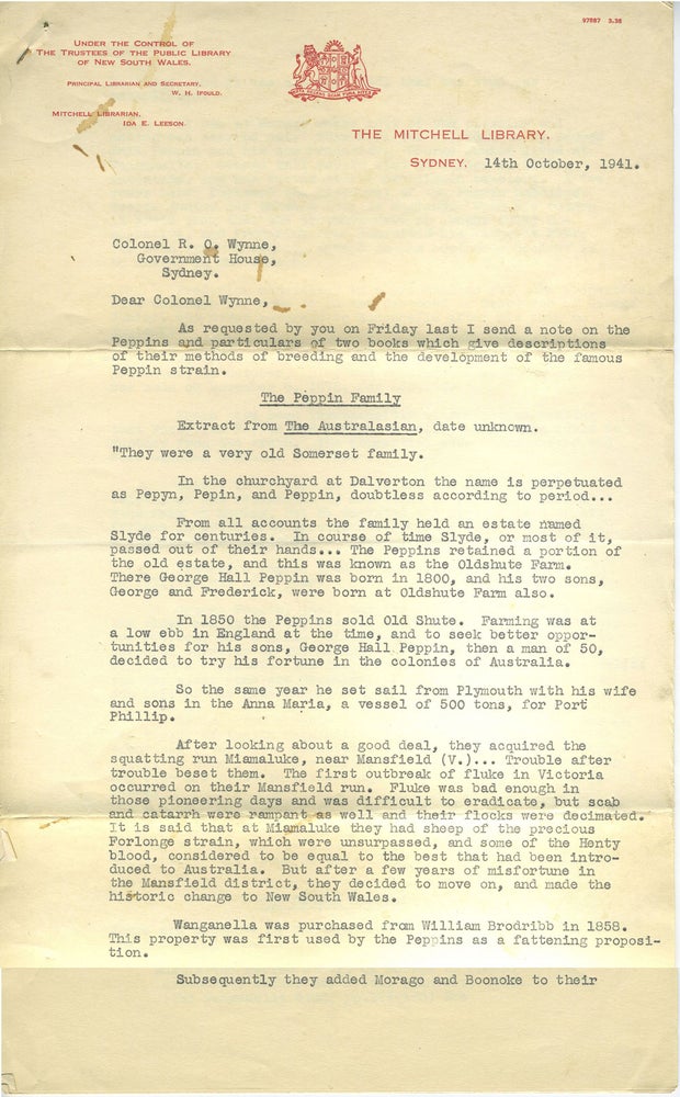 Item #24353 Peppin Family, typed autographed letter. Mitchell Library, Sheep Farming, Ida Leeson.