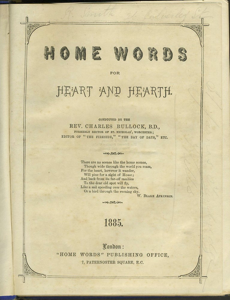 Item #24354 Home Words for Heart and Hearth. Magazine, with a woodblock copy of Huggins's "View on the Swan River, Western Australia" Rev. Charles ed Bullock.