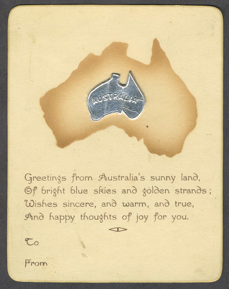 Item #24369 "Greetings from Australia's sunny land". Card with applied metal map of Australia. Greeting Card.
