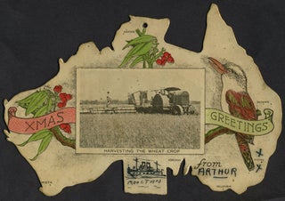 Item #24370 "Xmas Greetings". Lithographed shape map of Australia. Christmas