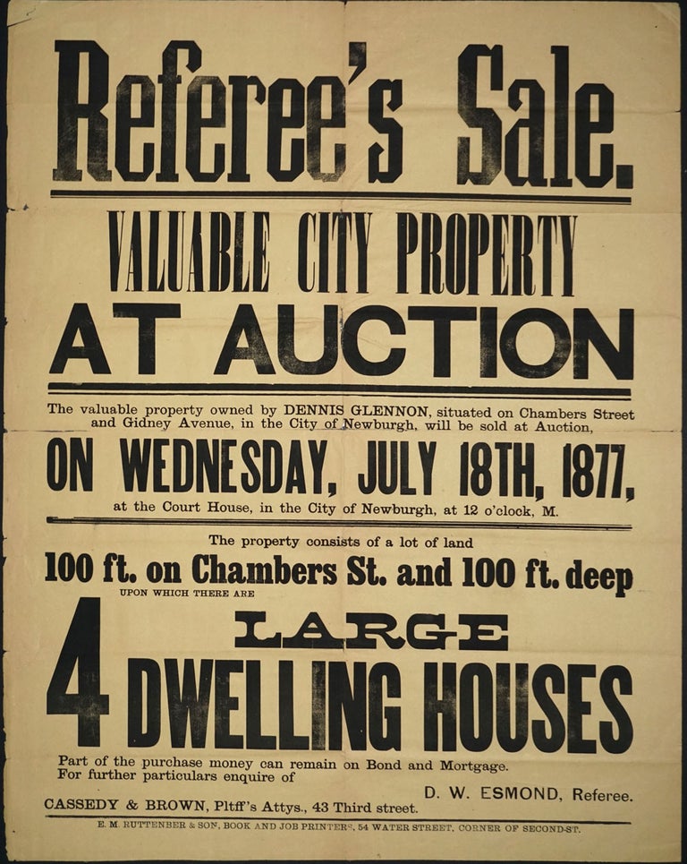 Item #24402 Newburgh NY Property Auction. "Referee's Sale" Broadside. Hudson River, Newburgh.