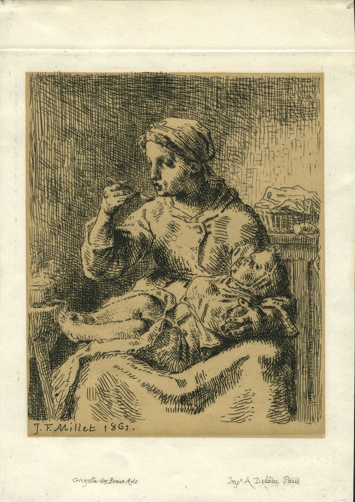 Item #24432 La Bouillie (Woman feeding her child porridge). Delatre imprint of the original etching. Jean Francois Millet.