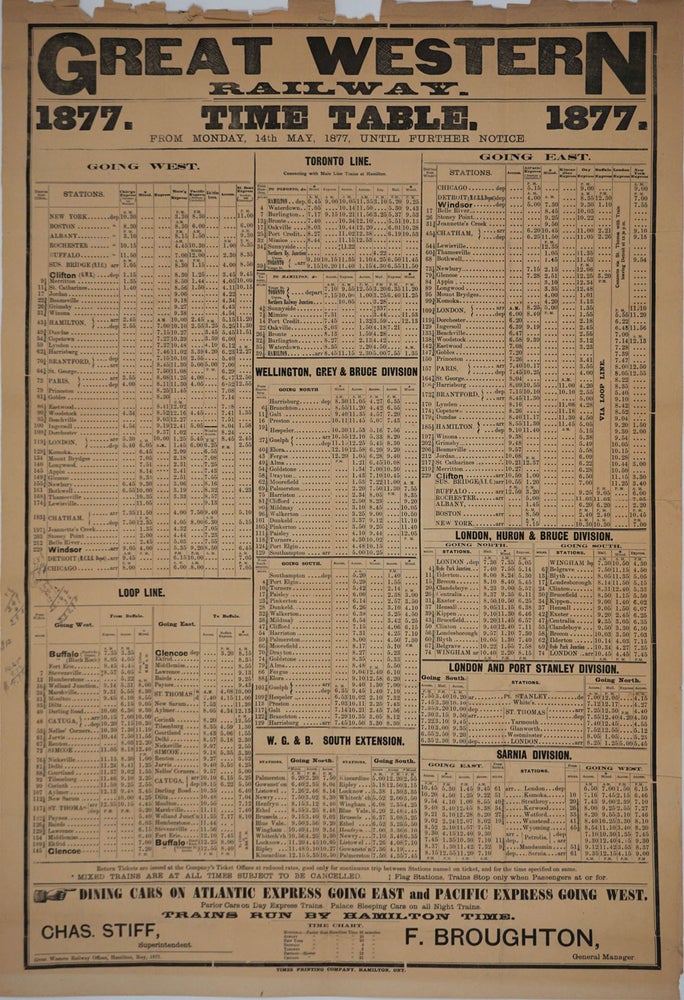Item #24454 Great Western Railway Time Table, 1877. Canadian railway which served US northeast. Broadside. CANADA, Railroad.