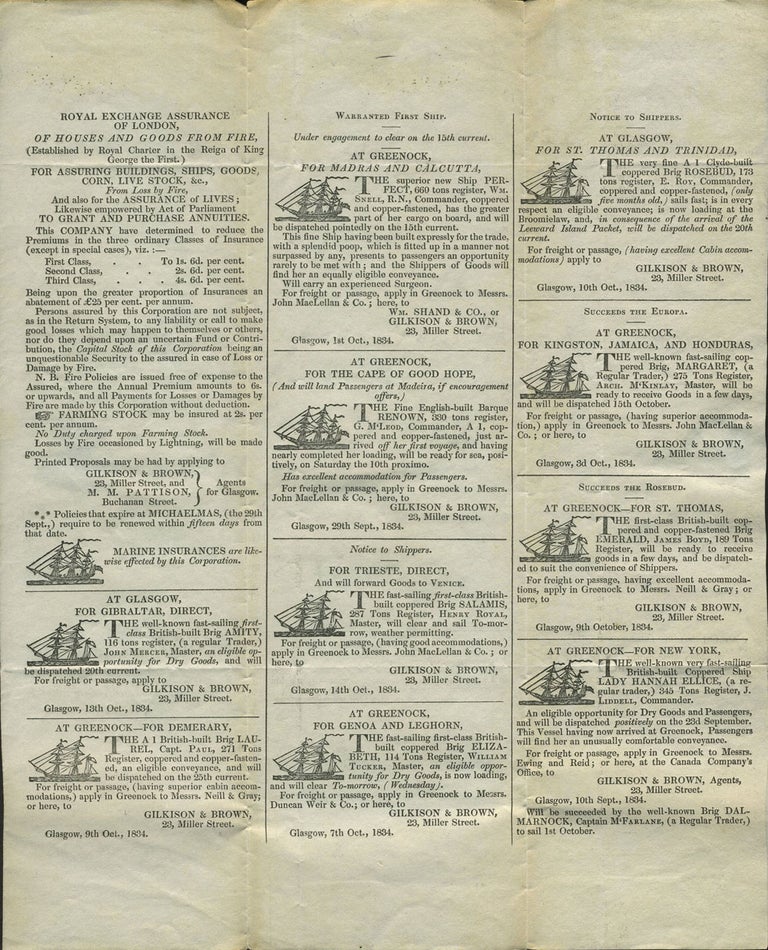 Item #24462 Printed letter sheet sent in 1834 with maritime advertising. Insurance, shipping advertising, Scotland.
