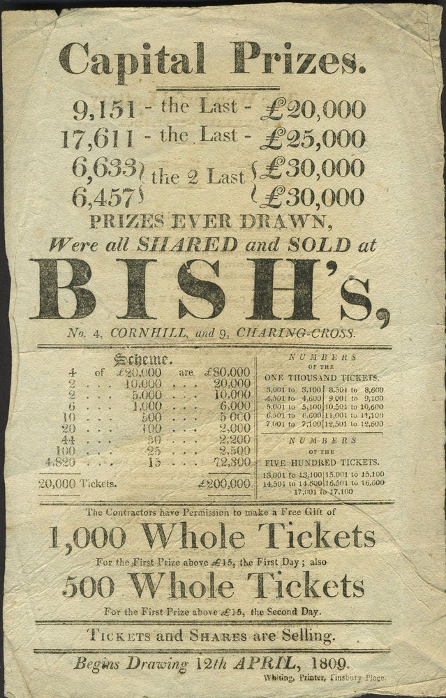 Item #24467 English Lottery handbill with song on verso. Lottery.