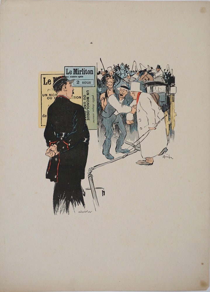 Item #24501 "Le Mirliton". A gendarme, hansom cab driver & worker. Parisian journal advertisement, color poster. Theophile Steinlen.