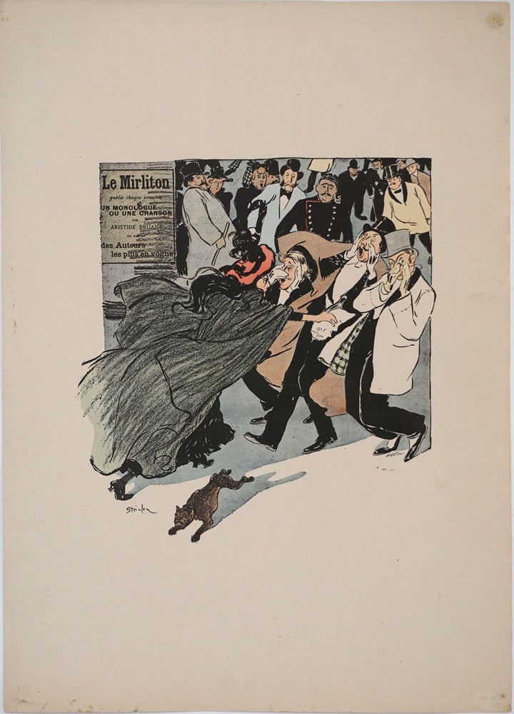 Item #24502 "Le Mirliton". Street woman armed with wine bottle and upper crust gentlemen. Parisian journal advertisement, color poster. Theophile Steinlen.