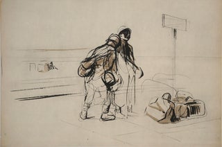 Item #24503 Refugees at a train station, WWI. Lithograph. Jean Louis Forain