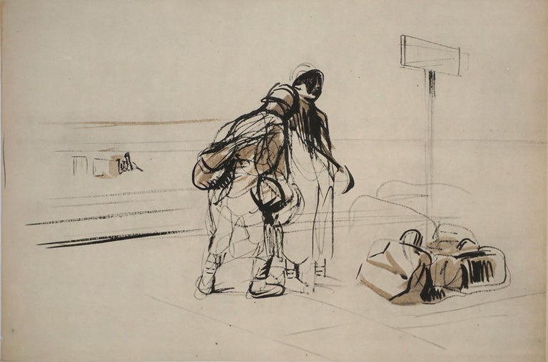 Item #24503 Refugees at a train station, WWI. Lithograph. Jean Louis Forain.