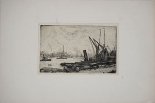 "Thames Derelicts". Signed etching.