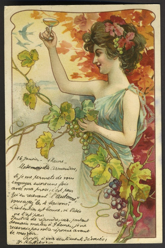 Item #24654 Wine harvest, the Vintage, Champagne illustrated on Art Nouveau postcard.